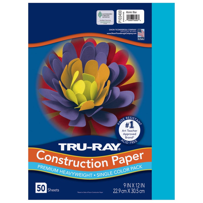 Tru-Ray Heavyweight Construction Paper, Atomic Blue, 9" x 12", 50 Sheets - Image 1